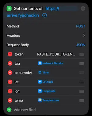Apple Shortcuts editor showing the check-in URL, POST method, and token and tag JSON fields